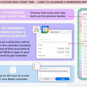 May include: A customizable daily planner with a pink and purple color scheme. The planner includes a calendar with links to Google and Apple calendars, and a section for setting reminders. The image shows a close-up of the calendar and reminder sections, with a pink arrow pointing to the "New Event" button.