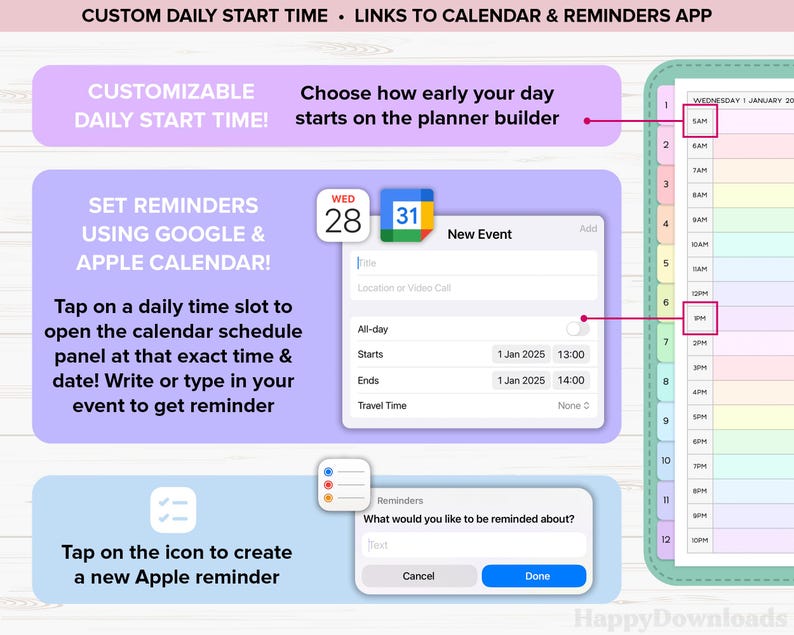 May include: A customizable daily planner with a pink and purple color scheme. The planner includes a calendar with links to Google and Apple calendars, and a section for setting reminders. The image shows a close-up of the calendar and reminder sections, with a pink arrow pointing to the "New Event" button.