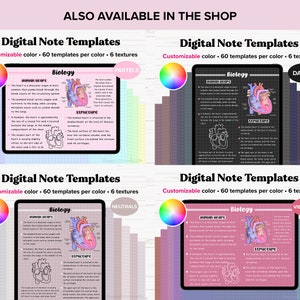 Op de afbeelding: Vier digitale notitie sjablonen met een illustratie van een menselijk hart met tekst over het menselijk hart. De sjablonen zijn in vier verschillende kleurenschema's: pastel, donker, neutraal en levendig. Elk sjabloon heeft een kleurenwiel en een rasterpatroon.