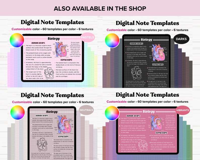 Op de afbeelding: Vier digitale notitie sjablonen met een illustratie van een menselijk hart met tekst over het menselijk hart. De sjablonen zijn in vier verschillende kleurenschema's: pastel, donker, neutraal en levendig. Elk sjabloon heeft een kleurenwiel en een rasterpatroon.