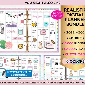 May include: A digital planner bundle with a pink and purple color scheme. The bundle includes 10,000 planners, 50,000 stickers, and is customizable. The image shows a sample planner page with a calendar, to-do list, and notes section. The text "Recommended by Goodnotes" is also visible.