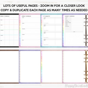 May include: A set of printable planner pages with pastel colored borders. The pages include a weekly schedule, a subject overview, and a page for listing subjects. The text on the page reads "Lots of useful pages - zoom in for a closer look. Copy & duplicate each page as many times as needed."