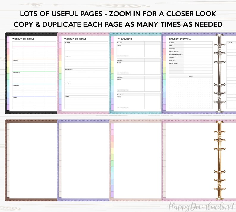 May include: A set of printable planner pages with pastel colored borders. The pages include a weekly schedule, a subject overview, and a page for listing subjects. The text on the page reads "Lots of useful pages - zoom in for a closer look. Copy & duplicate each page as many times as needed."