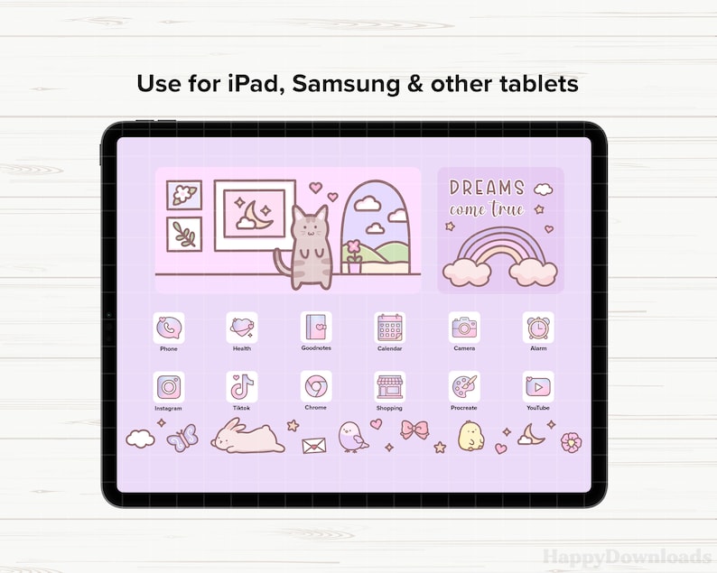 May include: A purple and pink iPad screen with a cat illustration and the text "DREAMS come true" with a rainbow. The screen is divided into a grid of app icons, including Instagram, TikTok, Chrome, and YouTube.