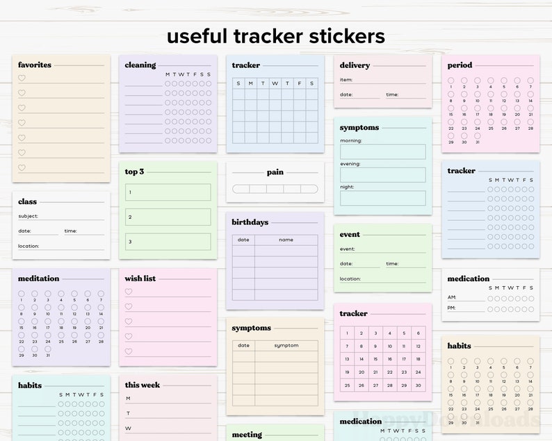 May include: A set of 16 printable planner stickers with various designs and layouts. The stickers are in pastel colors and feature titles like "favorites", "cleaning", "tracker", "delivery", "period", "class", "meditation", "wish list", "top 3", "pain", "birthdays", "event", "symptoms", "habits", "this week", "meeting", and "medication".
