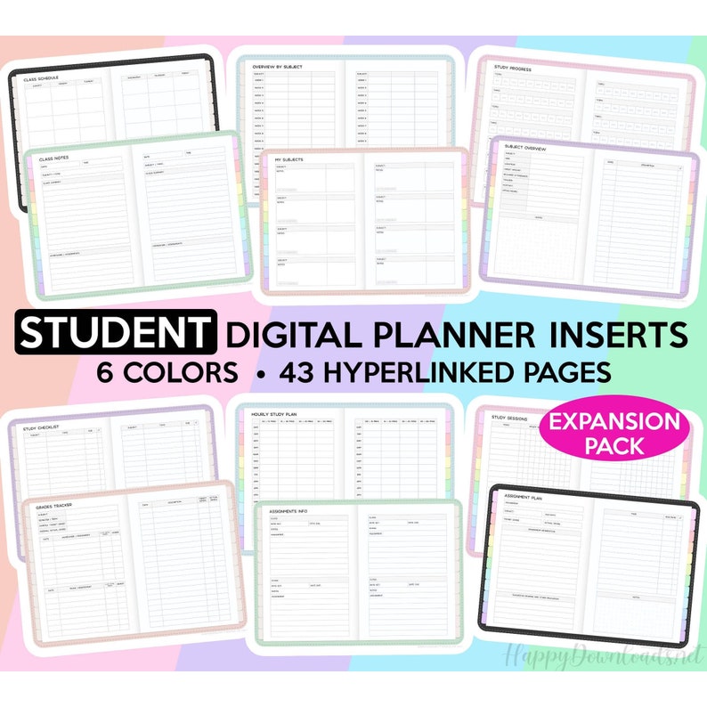 May include: A set of digital planner inserts for students, featuring 6 different colors and 43 hyperlinked pages. The inserts include pages for class schedules, notes, study plans, assignments, and more. The text "STUDENT DIGITAL PLANNER INSERTS 6 COLORS &bull; 43 HYPERLINKED PAGES EXPANSION PACK" is visible on the image.
