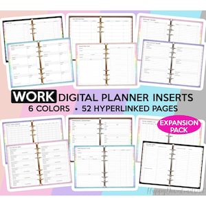 May include: Digital planner inserts for work with 6 different color options. The inserts feature a variety of pages for tracking tasks, deadlines, objectives, and more.  The pages are hyperlinked for easy navigation.  WORK DIGITAL PLANNER INSERTS 6 COLORS &bull; 52 HYPERLINKED PAGES EXPANSION PACK