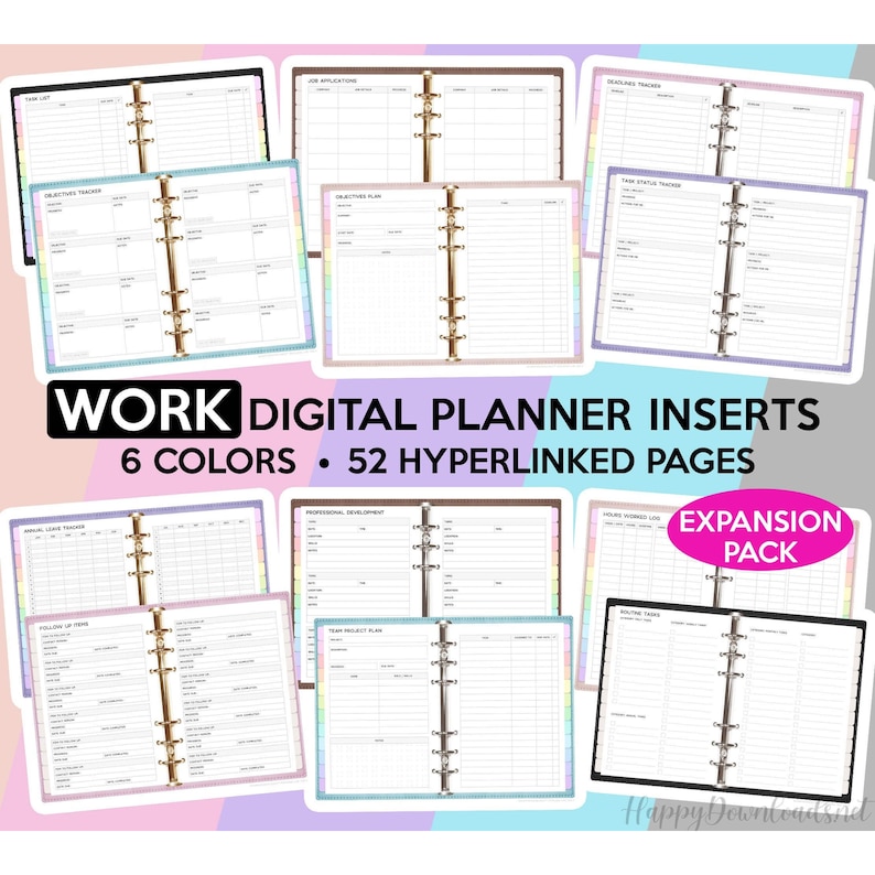 May include: Digital planner inserts for work with 6 different color options. The inserts feature a variety of pages for tracking tasks, deadlines, objectives, and more.  The pages are hyperlinked for easy navigation.  WORK DIGITAL PLANNER INSERTS 6 COLORS &bull; 52 HYPERLINKED PAGES EXPANSION PACK