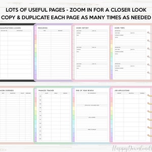 May include: A printable planner with pages for qualifications and exams, resources, work history, work trips, work expenses, finances tracker, end of year review, and job applications. The pages are decorated with pastel rainbow colors.