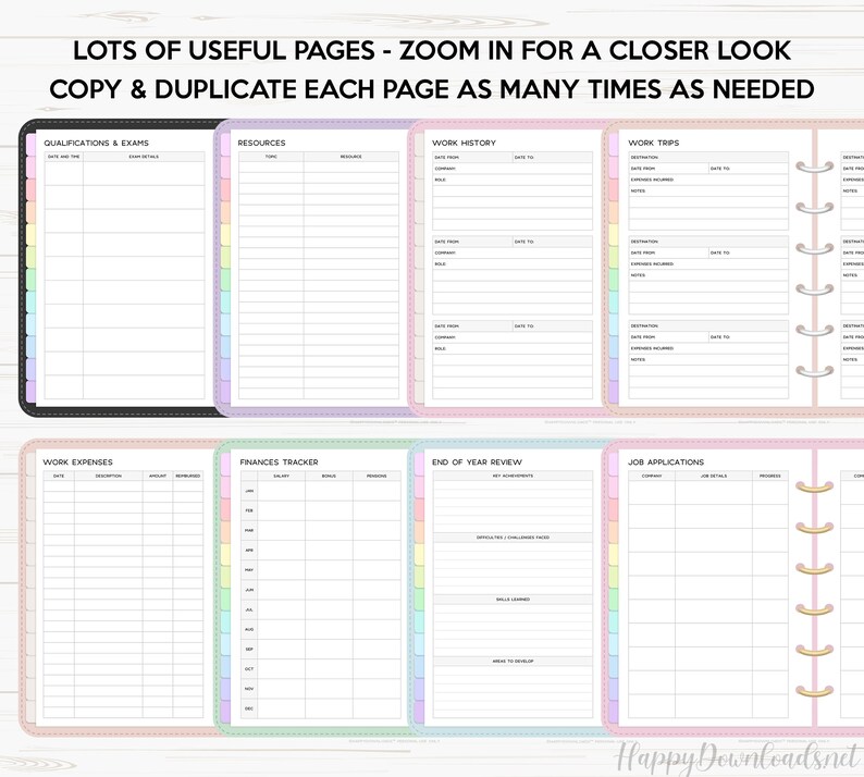 May include: A printable planner with pages for qualifications and exams, resources, work history, work trips, work expenses, finances tracker, end of year review, and job applications. The pages are decorated with pastel rainbow colors.