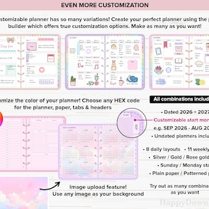 May include: A customizable planner with various layouts and customization options. Features include dated and undated options, customizable start months, and the ability to upload images for backgrounds. Includes silver, gold, or rose gold rings.