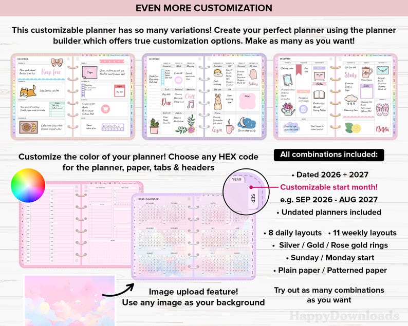 May include: A customizable planner with various layouts and customization options. Features include dated and undated options, customizable start months, and the ability to upload images for backgrounds. Includes silver, gold, or rose gold rings.