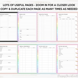 May include: Printable planner pages with pastel colored borders. The pages include sections for skincare favorites, medical info, medication tracker, medications info, medical appointments, doctor visits log, and doctor visits info.