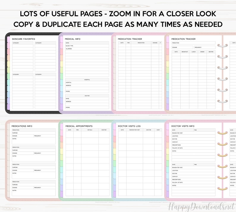 May include: Printable planner pages with pastel colored borders. The pages include sections for skincare favorites, medical info, medication tracker, medications info, medical appointments, doctor visits log, and doctor visits info.