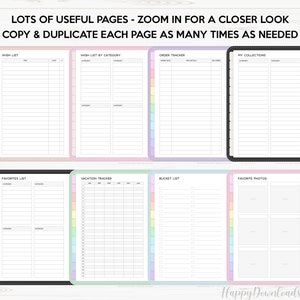 May include: A printable set of planner pages with a rainbow color scheme. The pages include wish lists, order trackers, vacation trackers, bucket lists, and favorite photos.