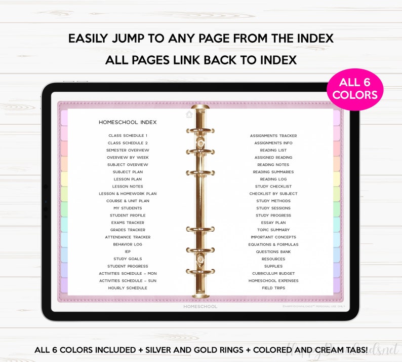 May include: A digital planner for homeschooling with a pink and white cover. The planner includes tabs for various subjects, including class schedules, lesson plans, student profiles, and more. The planner also includes a section for assignments, reading logs, and study plans. The planner is designed to help homeschool families stay organized and on track.