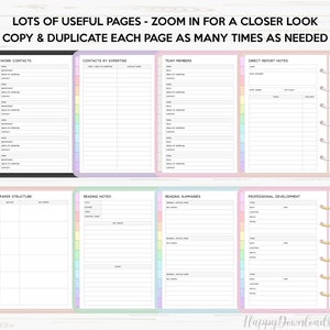 May include: Printable planner pages with colorful tabs and sections for work contacts, contacts by expertise, team members, direct report notes, paper structure, reading notes, reading summaries, and professional development.