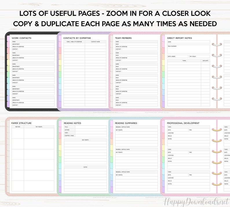 May include: Printable planner pages with colorful tabs and sections for work contacts, contacts by expertise, team members, direct report notes, paper structure, reading notes, reading summaries, and professional development.