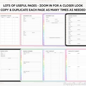May include: A printable set of planner pages for students. The pages include sections for assignments, reading notes, study checklists, and more. The pages are designed with a pastel color scheme and a dotted border.