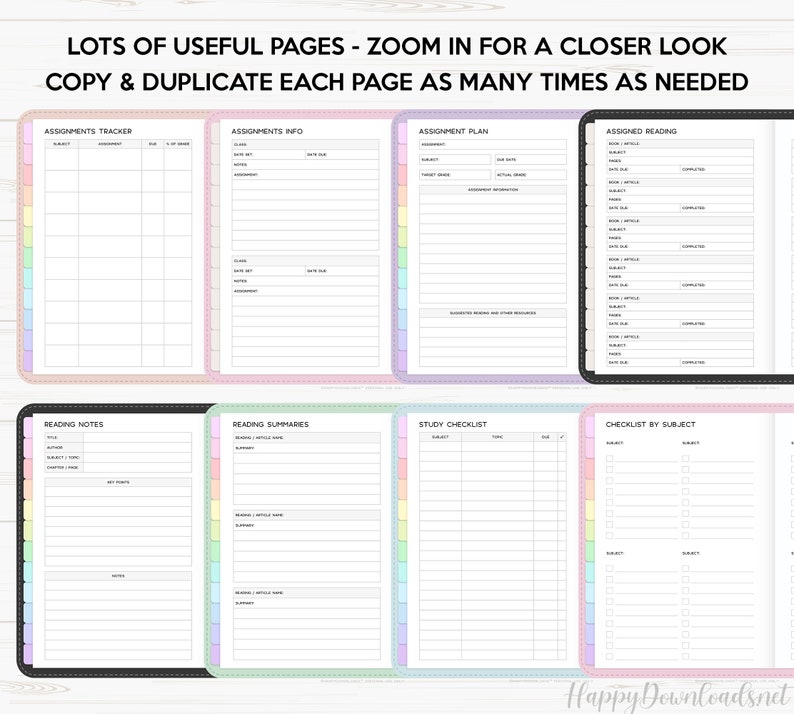 May include: A printable set of planner pages for students. The pages include sections for assignments, reading notes, study checklists, and more. The pages are designed with a pastel color scheme and a dotted border.