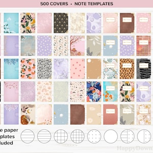 May include: A collection of 500 printable digital planner covers and 9 note paper templates. The covers feature a variety of patterns and designs, including floral, geometric, and abstract. The note paper templates include lined, grid, and dotted options.