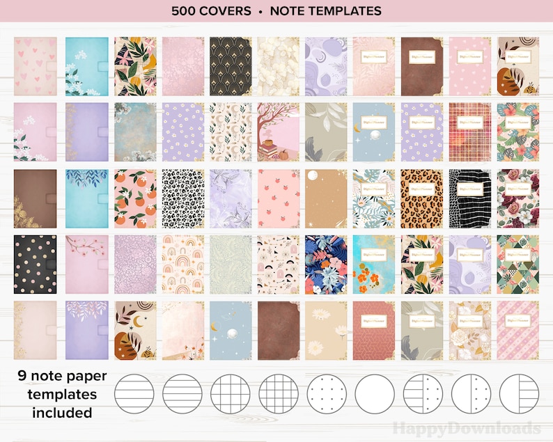 May include: A collection of 500 printable digital planner covers and 9 note paper templates. The covers feature a variety of patterns and designs, including floral, geometric, and abstract. The note paper templates include lined, grid, and dotted options.