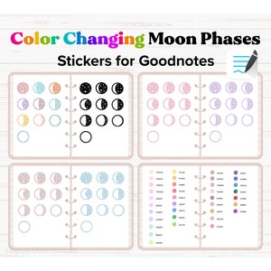 May include: Color changing moon phase stickers for Goodnotes app. The stickers are in various colors, including pink, blue, yellow, and orange. The stickers are in different phases of the moon, including new moon, crescent moon, half moon, gibbous moon, and full moon.