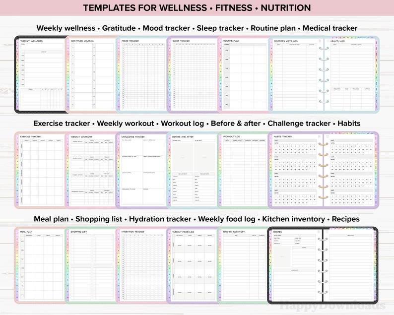 May include: A set of printable planner pages for wellness, fitness, and nutrition. The pages are organized into three sections: weekly wellness, exercise tracker, and meal plan. Each section includes a variety of trackers and logs to help you stay on track with your goals.