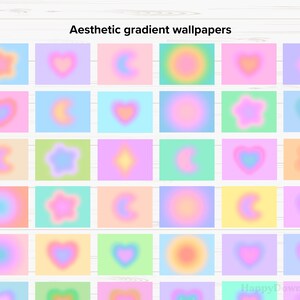 Op de afbeelding: Een verzameling van 36 digitale achtergronden met verschillende pastelkleurige verlopen en vormen, waaronder sterren, harten, manen en diamanten. De tekst "Aesthetic gradient wallpapers" staat bovenaan de afbeelding.