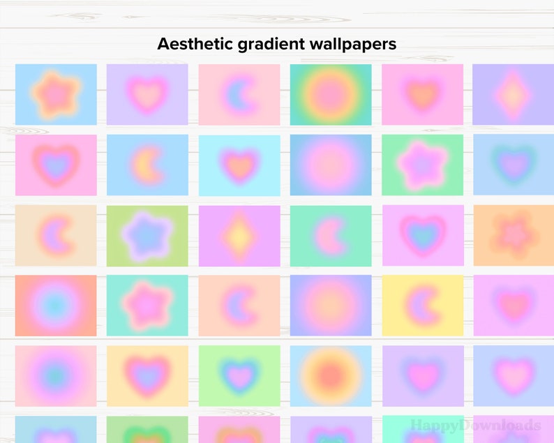 Op de afbeelding: Een verzameling van 36 digitale achtergronden met verschillende pastelkleurige verlopen en vormen, waaronder sterren, harten, manen en diamanten. De tekst "Aesthetic gradient wallpapers" staat bovenaan de afbeelding.