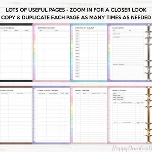 May include: A set of printable planner pages for students. The pages include a class schedule, semester overview, overview by subject, class notes, exams tracker, exams and grade tracker, and grades tracker. The pages are designed to be printed and used in a binder.