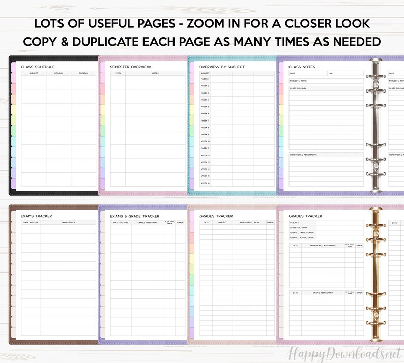 May include: A set of printable planner pages for students. The pages include a class schedule, semester overview, overview by subject, class notes, exams tracker, exams and grade tracker, and grades tracker. The pages are designed to be printed and used in a binder.