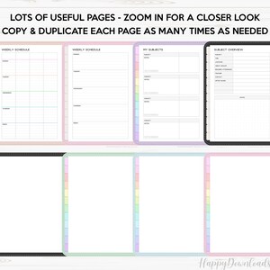May include: A set of printable planner pages with a rainbow color scheme. The pages include weekly schedules, subject overviews, and a page for listing subjects. The text on the page reads "Lots of useful pages - zoom in for a closer look. Copy & duplicate each page as many times as needed."