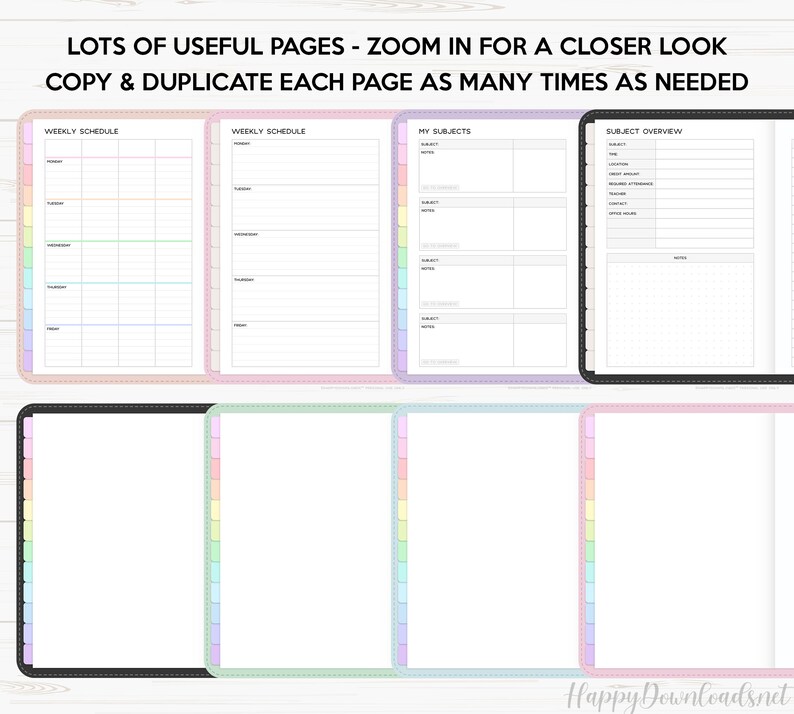 May include: A set of printable planner pages with a rainbow color scheme. The pages include weekly schedules, subject overviews, and a page for listing subjects. The text on the page reads "Lots of useful pages - zoom in for a closer look. Copy & duplicate each page as many times as needed."