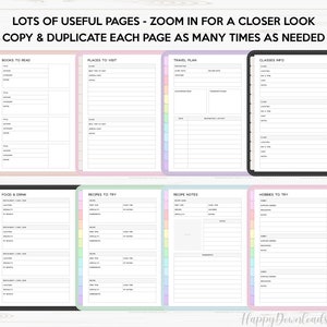 May include: A printable planner page with colorful tabs and sections for books to read, places to visit, travel plans, classes, food and drink, recipes to try, recipe notes, and hobbies to try.