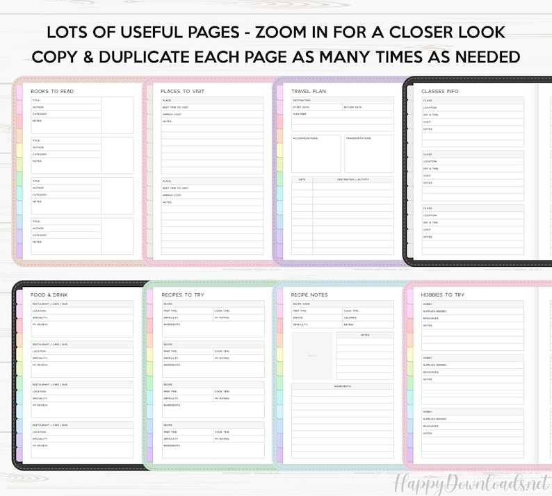 May include: A printable planner page with colorful tabs and sections for books to read, places to visit, travel plans, classes, food and drink, recipes to try, recipe notes, and hobbies to try.