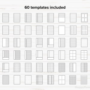 Op de afbeelding: Een set van 60 printbare planner sjablonen met verschillende raster-, lijn- en stippenpagina-indelingen. De sjablonen zijn ontworpen voor gebruik in bullet journals, planners en notitieboekjes.