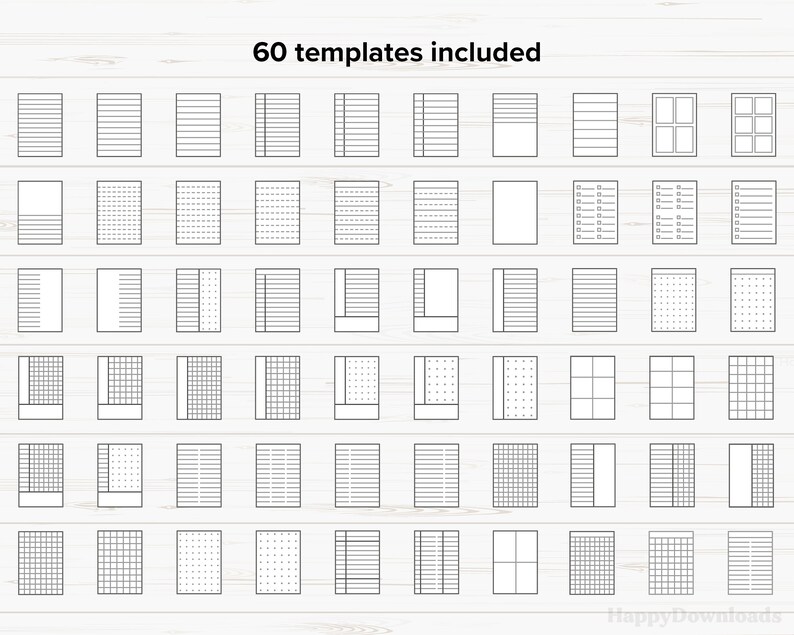 Op de afbeelding: Een set van 60 printbare planner sjablonen met verschillende raster-, lijn- en stippenpagina-indelingen. De sjablonen zijn ontworpen voor gebruik in bullet journals, planners en notitieboekjes.