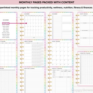 Pu&ograve; includere: Un planner con pagine mensili per il monitoraggio di produttivit&agrave;, benessere, nutrizione, fitness e finanze. Le pagine includono una visualizzazione del calendario, revisione mensile, monitoraggio delle abitudini, monitoraggio dell'umore, ecc. Il planner ha un bordo rosa e arcobaleno pastello.