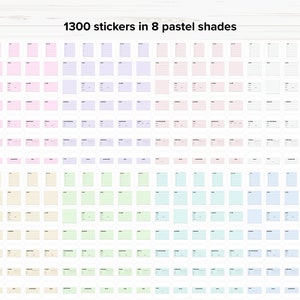 May include: 1300 stickers in 8 pastel shades. The stickers are arranged in a grid pattern, with each row containing 50 stickers. The stickers are all rectangular and have a white border. The colors of the stickers are: light pink, lavender, light yellow, light green, light blue, light teal, light peach, and light gray.