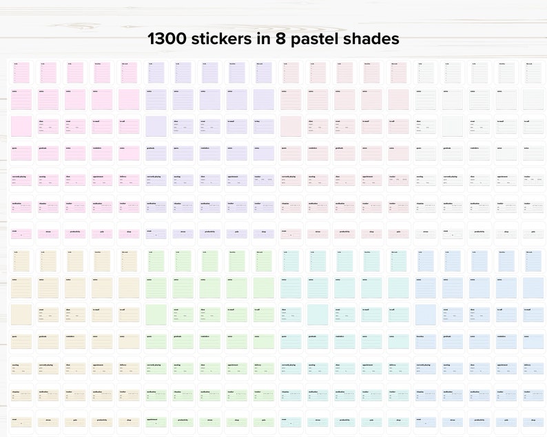 May include: 1300 stickers in 8 pastel shades. The stickers are arranged in a grid pattern, with each row containing 50 stickers. The stickers are all rectangular and have a white border. The colors of the stickers are: light pink, lavender, light yellow, light green, light blue, light teal, light peach, and light gray.