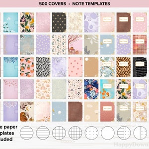 K&ouml;nnte beinhalten: Eine Sammlung von 500 druckbaren digitalen Planer-Covern und 9 Notizpapier-Vorlagen. Die Cover zeigen eine Vielzahl von Mustern und Designs, darunter florale, geometrische und abstrakte. Die Notizpapier-Vorlagen umfassen linierte, karierte und gepunktete Optionen.