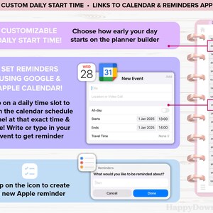 Pu&ograve; includere: Un'interfaccia di pianificazione digitale con istruzioni sull'impostazione dei promemoria utilizzando Google e Apple Calendar. L'immagine mostra come personalizzare l'ora di inizio giornaliera e creare nuovi eventi. Il pianificatore include un calendario e un'app di promemoria.