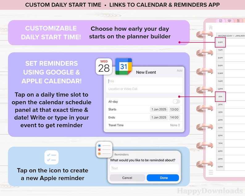 Pu&ograve; includere: Un'interfaccia di pianificazione digitale con istruzioni sull'impostazione dei promemoria utilizzando Google e Apple Calendar. L'immagine mostra come personalizzare l'ora di inizio giornaliera e creare nuovi eventi. Il pianificatore include un calendario e un'app di promemoria.