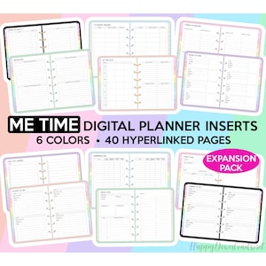 May include: Digital planner inserts with 6 different color backgrounds. The inserts are for a disc bound planner and feature a variety of pages including "My Day Journal", "Places to Visit", "Gardening Log", "Travel Plan", "Things to Explore", "Books to Read", "Movies to Watch", "Reflection", "My Plan", "Chart Plan", "Notes to Self", and "TV Shows Tracker".