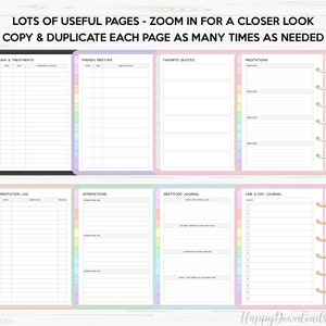 May include: A printable set of planner pages with colorful borders. The pages include sections for spa treatments, friends meetups, favorite quotes, meditations, a meditation log, affirmations, a gratitude journal, and a line a day journal.
