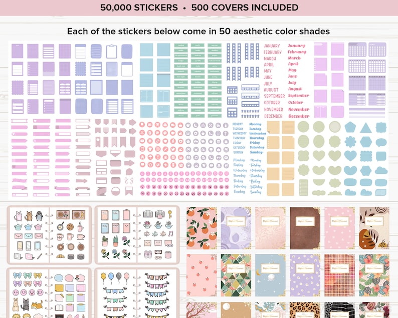 May include: A set of 50,000 stickers and 500 covers for planners and journals. The stickers include various shapes, sizes, and designs, including calendars, days of the week, numbers, and cute illustrations. The covers feature a variety of patterns and colors, including floral, geometric, and abstract designs.