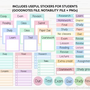 May include: A set of colorful digital stickers for students. The stickers include words like "Essay", "Exam", "Revision", "Reading", "Class", "Submit", "Study", "Learn", "Test", "Coursework", "Research", "Homework", "Final", "No classes", "Lesson", "Review", "Reading", "Lecture", "Revise", "Read", "Tasks", "Extra credit", "Assignment", "Coursework", "Study group", "Complete", "Due", "Test", "Exam", "Quiz", "Study", "Revise".