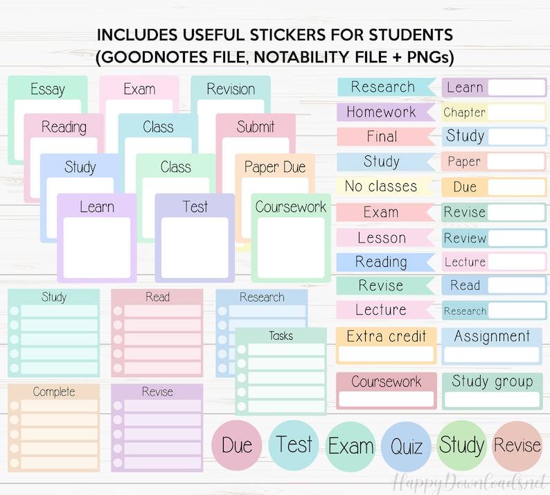 May include: A set of colorful digital stickers for students. The stickers include words like "Essay", "Exam", "Revision", "Reading", "Class", "Submit", "Study", "Learn", "Test", "Coursework", "Research", "Homework", "Final", "No classes", "Lesson", "Review", "Reading", "Lecture", "Revise", "Read", "Tasks", "Extra credit", "Assignment", "Coursework", "Study group", "Complete", "Due", "Test", "Exam", "Quiz", "Study", "Revise".