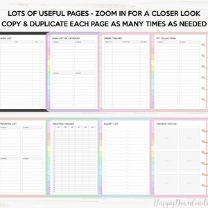 May include: A printable set of planner pages with colorful borders. The pages include wish lists, a wish list by category, an order tracker, a favorites list, a vacation tracker, a bucket list, a collection list, and a favorite photos page.